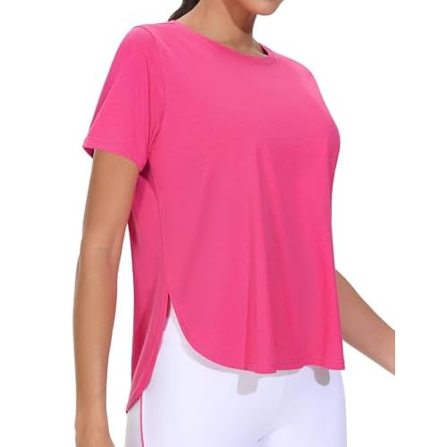 THE GYM PEOPLE Women's Workout T-Shirts Loose Fit Short Sleeve Cotton Running Basic Tee Tops with Split Hem X-Large Bright Pink