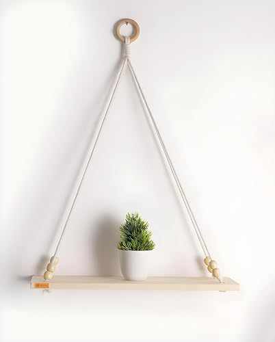 Image of Hanging Shelf with Magic Hook, Use Decor Plants, Books, Decorative Gift Items Nursery Livingroom Wooden Beads & Ring Woven Bohemian Chic for Dorm