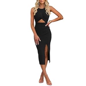 oten Women’s Casual Sleeveless Cutout Twist Front Side Slit Ribbed Knit Party Bodycon Midi Dresses