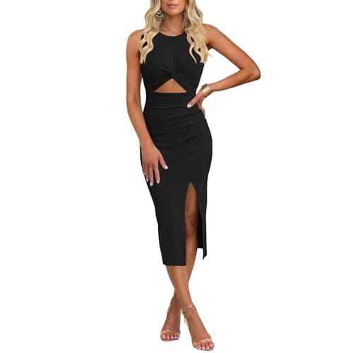 oten Women’s Casual Sleeveless Cutout Twist Front Side Slit Ribbed Knit Party Bodycon Midi Dresses