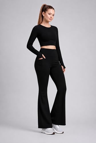 Image of PINAAK FASHION Women's Yoga Co-Ord Set | Full Sleeve Crop Top & Flared High Waist Yoga Pants with Pocket | Thumb Hole Sleeves | Bell Bottom Gym Wear Activewear Tracksuit for Workout, Running & Lounge
