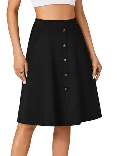 LYANER Women's Knee Length Casual Skirt Stretchy Button High Waist A-Line Flared Vintage Midi Skirts with Pocket4