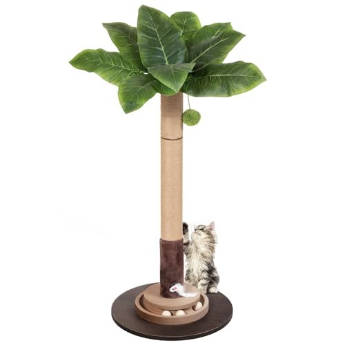 PAWALAYA 35 Sisal Rope Cat Scratching Post Palm Leaf Cat Tree with Hanging Ball & Mouse Toy for Kittens & Adult Indoor Cats