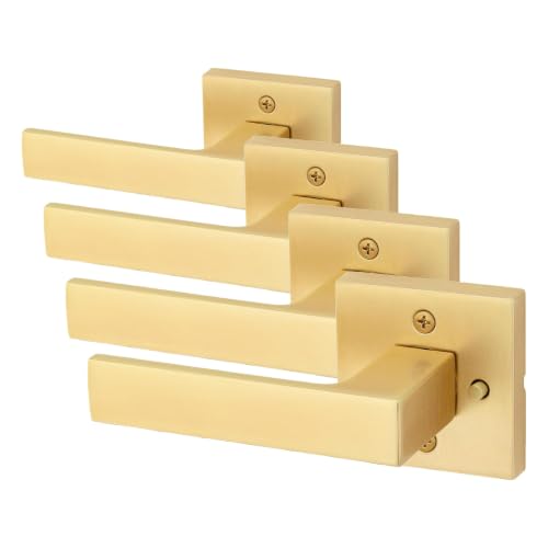 Image of Kwikset Singapore Interior Privacy Door Handle with Lock, Door Lever for Bathroom and Bedroom, Satin Brass Reversible Keyless Push Button Lock Door Lever, with Microban Protection (Pack of 4)