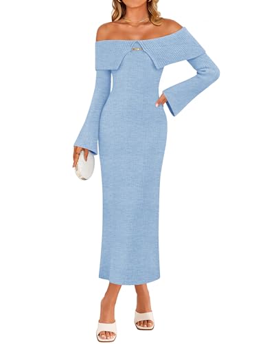 ZESICA Women's Fall Off Shoulder Sweater Dress 2025 Bell Long Sleeve Ribbed Knit Bodycon Formal Maxi Dresses Blue Large
