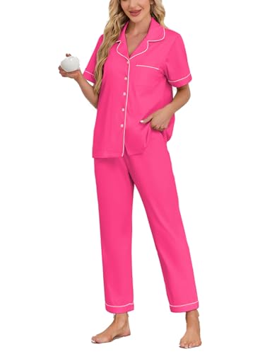 Image of COLORFULLEAF Women's 100% Cotton Pajamas Set Button Down Sleepwear Short Sleeve Shirt and Long Pants Soft Ladies Lounge Sets