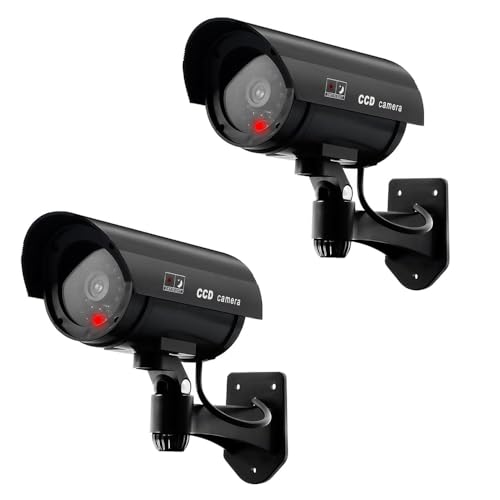 ERWEY 2 Stück Kamera Atrappe Außen, Dummy Kamera Fake Überwachungskameras CCTV Kameraatrappe Sicherheitskamera mit Blinkendem LED Licht, Schwarz