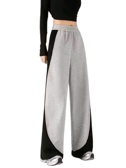 Women High Waist Wide Leg Pants | Casual Relaxed Fit Cotton Blend Trousers | Trendy Dual-Tone Stylish Lowers (Black & Grey)