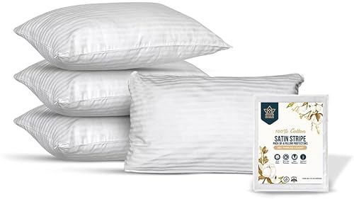 BAANI BEDDING Zipped Pillow Protectors Pack of 4 - 100% Cotton Satin Stripped Pillow Cases - Breathable & Hypoallergenic Pillow Covers, Premium Quality UK Standard Size 48x74 CM (Pack of 4)