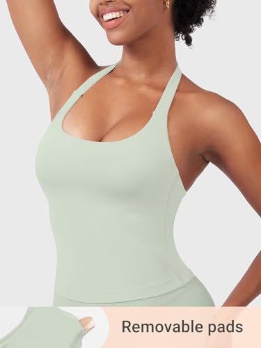 Image of YEOREO SoftHue Women's Impact Halter Tank Top Longline Backless Scoop Neck Built-in Bra Sports Workout Gym Crop Top