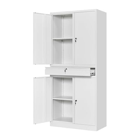 STANI Metal Garage Storage Cabinets with Drawer, 4 Doors Tool Storage Cabinet with 2 Adjustable Shelves, 71"-Lock Steel Locking Cabinet for Garage Utility Room Home Office (White, 0 Wheel-71 H) Cover