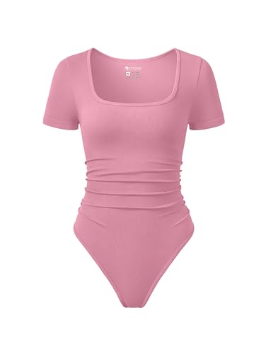 Image of OQQ Women Bodysuits Ruched Short Sleeve Square Neck Stretch Lounge Travel Bodysuits