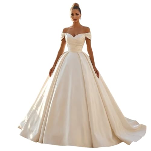 Off Shoulder Wedding Dresses for Bride A Line Satin Backless Wedding Gowns with Train 2026 Long Sweetheart Bride Dress White Puffy Open Back Bridal Ball Gown Elegant Pleated Boho Bridal Dress US4