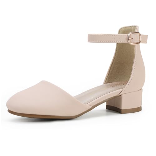 PANDANINJIA Girls Heels Dress Shoes Flower Girl Closed Toe Heels Ankle Strap Wedding Party School Miya Toddler Little Big Kid Pump Shoes(Nude Nubuck 1 M US Little Kid)
