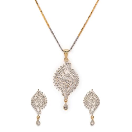 Image of Rubans Pendant Necklace Set American Diamond and Zirconia Gift Jewellery for Women & Girls