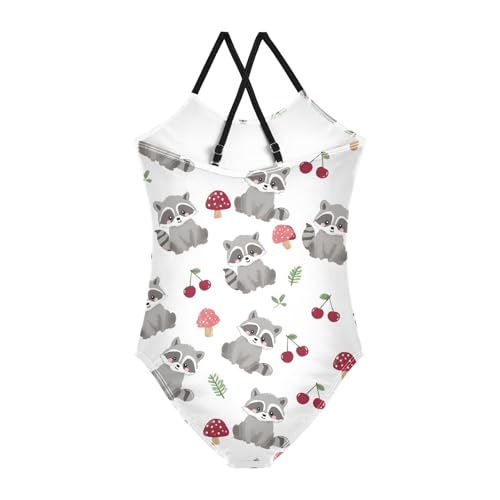 Girls Swimsuit Raccoons Cherries Mushrooms Pattern One Piece Swimwear2