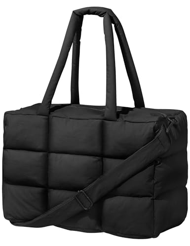Puffer Tote Bag with Laptop Compartment, Quilted Shoulder Bag for Work Gym, Puffy Travel Carry On Tote with Zipper