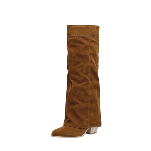 Pantalons pointus en daim à talon épais stable pour rester élégante et confortable tout l'hiver