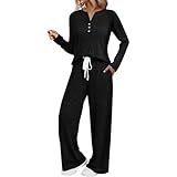 2 Piece Lounge Sets for Women Ribbed Knit Sweater Crew Neck Tops Wide Leg Pants Matching Pajama Sets Women Clothing Comfy Fall Fashion Outfits Clothes 2025 Loungewear Pajamas Set Black