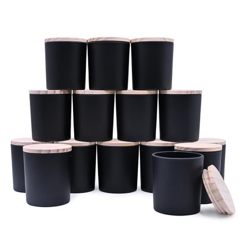 SHOWIN 8 OZ Thick Candle Jars for Making Candles 15 Pcs, Black Empty Jars with Wood Lids for Candle Making, Sample Container,Matte Black