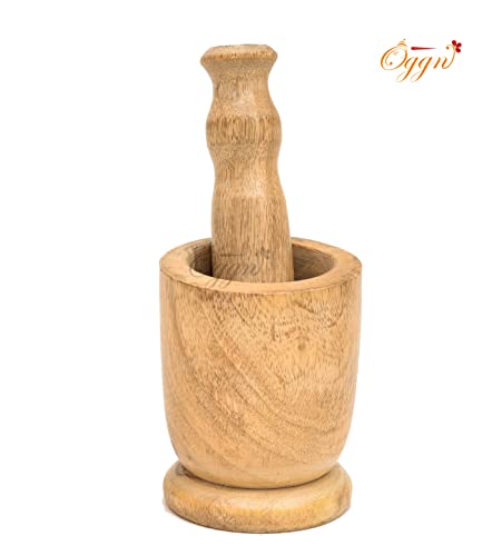 Image of Mango Wood Mortar Pestle Set, Imam Dasta, Natural Wooden Okhli, Spice Mixer Kharal, Kitchen Khalbatta Masher, Ginger Garlic Crusher, Masala Kutni for Cooking