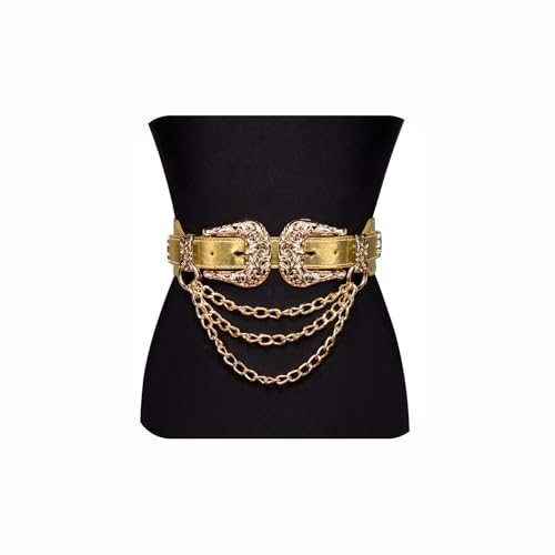 Image of Dubulle Womens Belt Chain Leather Belts Vintage Western Adjustable Elastic Double Buckle for Cowboy Pant Dress