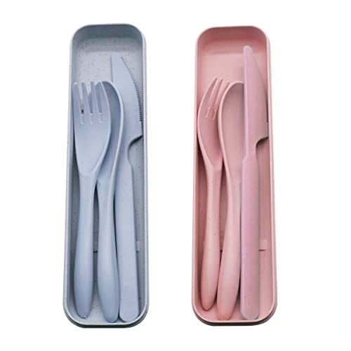 VicBou Ensemble de couverts de voyage avec étui, 2 ensembles de couverts de camping portables, réutilisables, cuillère, fourchette, couteaux pour voyage, pique-nique, école, camping, extérieur ou