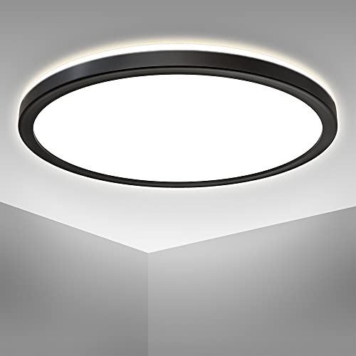 B.K.Licht - LED Deckenlampe mit indirektem Licht, ultraflach, neutralweiße Lichtfarbe, LED Panel, Deckenleuchte, Lampe, Wohnzimmerlampe, Schlafzimmerlampe, Küchenlampe, 29,3x2,8 cm, Schwarz