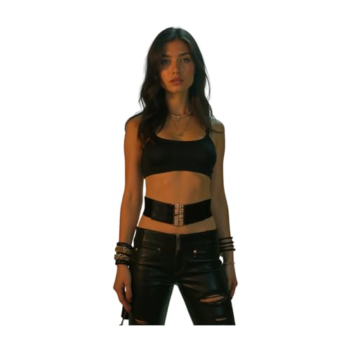 Women’s Black Wide Elastic Waist Hip Belt – Gold Metal Skull Buckle Fashion Cinch Belt S M2