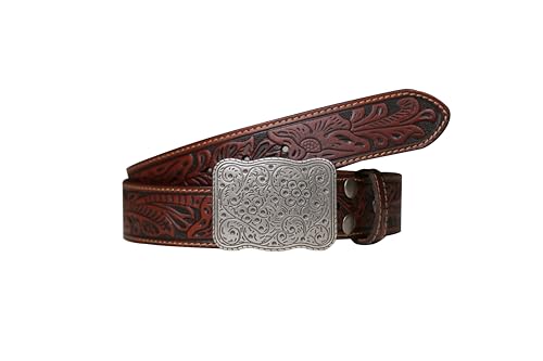 Men's Leather Belt Western Cowboy Floral Engraved Buckle Belts for Men Jeans, Embossed Scrollwork Vintage Style