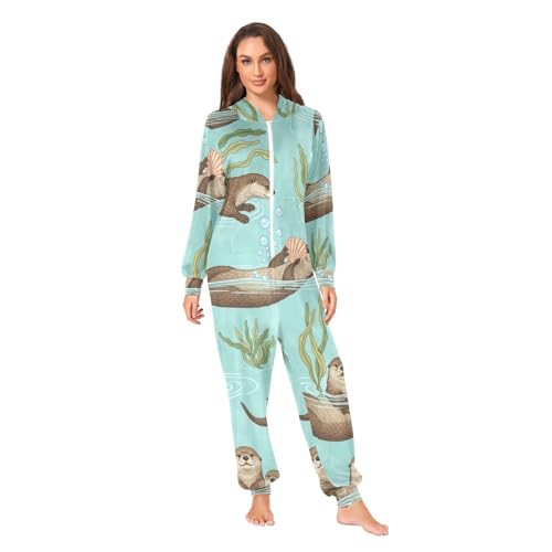 Pijama de una pieza de nutria azul aguamarina mono de dormir de felpa con capucha de adulto