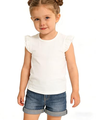 KIKINOTE Toddler Girl Shirts Ruffle Sleeves White Shirt Girls Soft Cotton Cute Tops Baby Tee Casual Plain Kids White T Shirt Size 2T