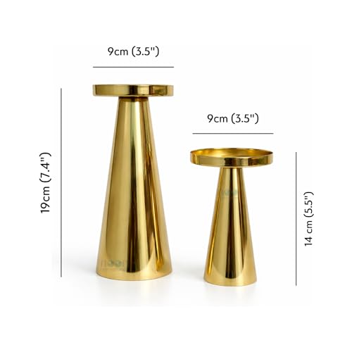 Image of ππππ πππππππππππππ | Metal Pillar Candle Holder Set of 2 | Table Centerpieces Coffee Tables | Candles Stand for Christmas Home Decor Gift | Wedding Gift (Shiny Gold- Set of 2 Pcs)