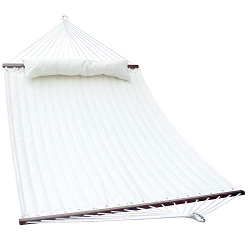 SUNNY GUARD 11 FT Double Hammock Quilted Fabric with Pillow，2 Person Hammock Wood Spreader Bars,for Outdoor Patio Backyard 75 x55 ,Milky White