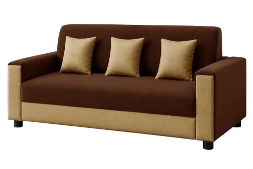 Image of Modern 3 Seater Sofa | Contemporary Upholstered Couch | Premium Cushioned Seating | Stylish Armrest Design | Comfortable Sofa for Living Room, Bedroom & Office - Brown + Beige Color