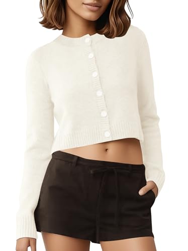 Women's Long Sleeve Cropped Cardigan Sweater Crew Neck Button-Down Shrug Sweaters3