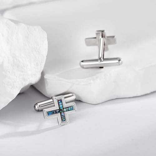 YAFEINI Cross Cufflinks for Men 925 Sterling Silver Abalone Shell Christian Pair of Cufflinks Business Wedding Groomsmen Gifts Suit Shirt Accessories for Men Father3