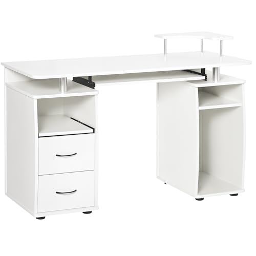 HOMCOM Escritorio con Estanterías Mesa de Ordenador con 2 Cajones Bandeja de Teclado Extraíble y Soporte para Monitor CPU para Oficina Estudio 120x55x85 cm Blanco