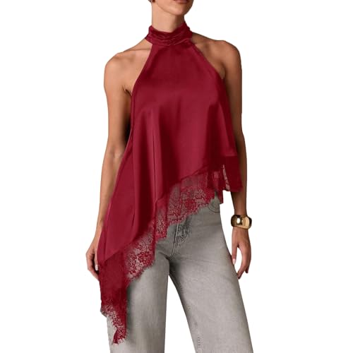 Women Satin Halter Top Y2K Mock Neck Lace Trim Asymmetrical Hem Tank Top Sleeveless Going Out Crop Tops B Red