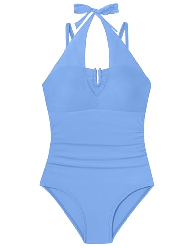 Image of Girls Swimsuits Size 10-12 Halter Neck One Piece Swimsuits Ruched Solid Bathing Suit for Girls 10-12 with Adjustable Straps Beach Swimwear Sky Blue