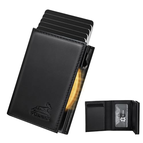 Fa.Volmer ® POP-UP Kartenetui mit Münzfach aus Echtleder für Herren & Damen | 11 Karten | RFID Schutz | Geldbörse (Black, Großes Münzfach)