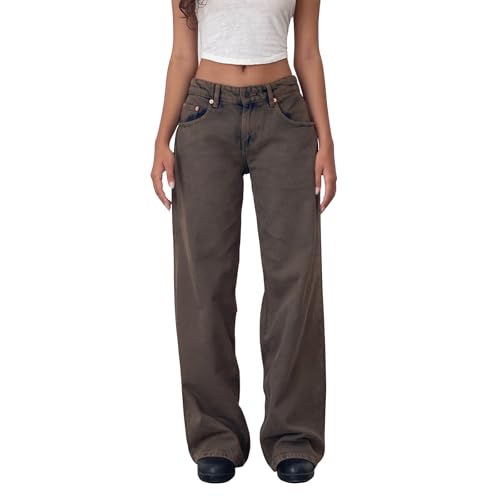 Image of Felcia Womens Baggy Jeans Vintage Low Waist Straight Wide Leg Jeans Casual Loose Denim Pants with Pockets Y2K Streetwear (G-Dark Brown, L)