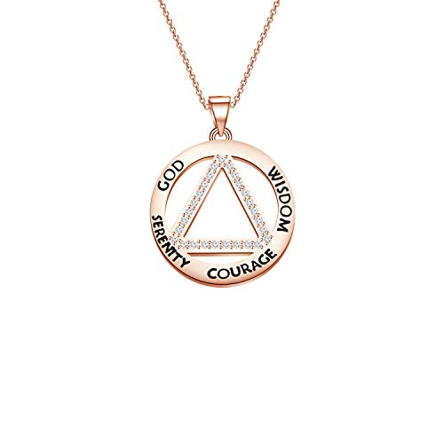 AA Recovery Symbol Cubic Zirconia Necklace Serenity Prayer AA Recovery Necklace God Serenity Courage Wisdom Sobriety Gift (Rose Gold)