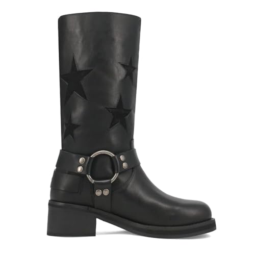 Image of Goolita Women's Buckle Biker Knee High Boots Square Toe Chunky Heel Star Moto Mid Calf Boots Slip On Motorcycle Riding Boot