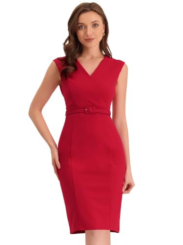 Image of Allegra K Sheath Dress for Women's Wrap V Neck Business Office Belt Sleeveless Pencil Dress