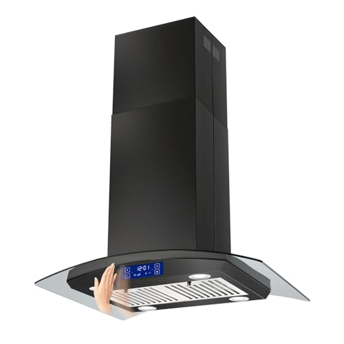Comparison: Best Range Hood For Vaulted Ceiling 11 JOEAONZ 30 Inch Island Range Hood Black 700CFM, Gesture & Touch Panel Ceiling Mount Vent Hood, Stainless Steel Kitchen Exhaust Fan Convertible, Tempered Glass, LED lights, Permanent Baffle Filters