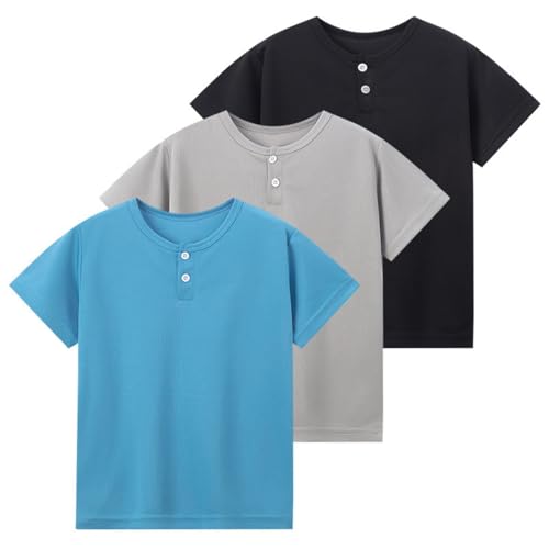 Hotfiary 3 Pack Boys Short Sleeve Henley Shirt Toddler Kids Casual Button Front Summer T-Shirts Tops Youth Summer Tees Tops