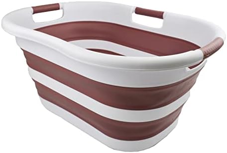 SAMMART 40L Collapsible Plastic Laundry Basket - Foldable Pop Up Storage Container / Organizer - Portable Washing Tub - Space Saving Hamper / Basket (1, White/Dusky Pink)