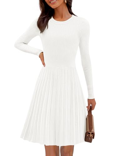 MEROKEETY Damen 2025 Langarm-Mini-Pulloverkleid, Rundhalsausschnitt, gerippt, A-Linie, plissiert, schwingend, Kurze Kleider, Weiss/opulenter Garten,...
