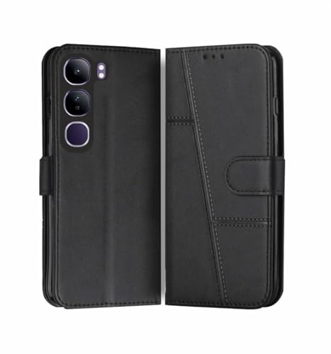 Image of for Vivo Y300 5G Flip Cover Leather Finish | Inside TPU with Card Pockets | Wallet Stand | Complete Protection Flip Case Black